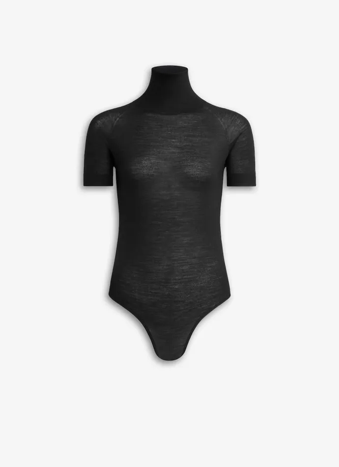 Alaa Bodysuits and Leggings SHORT SLEEVE BODY IN SHEER WOOL KNIT Black 8211 Women