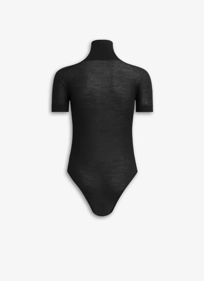 Alaa Bodysuits and Leggings SHORT SLEEVE BODY IN SHEER WOOL KNIT Black 8211 Women