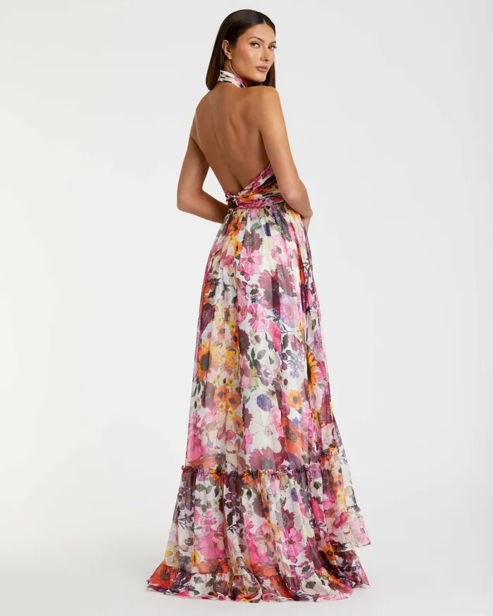 Asymmetrical Ruffled Halter Floral Gown White Multi Daytime Dresses Mac Duggal Women