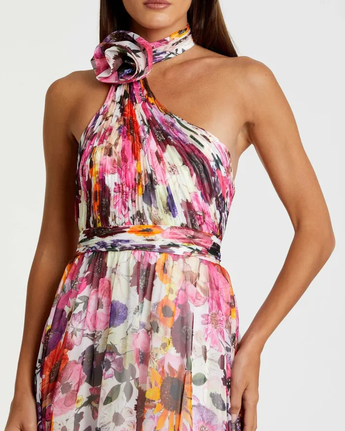 Asymmetrical Ruffled Halter Floral Gown White Multi Daytime Dresses Mac Duggal Women