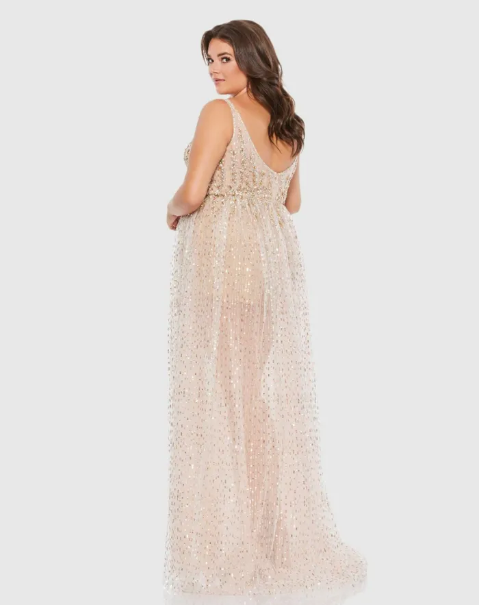 Beaded Sleeveless V Neck Sheer Overlay Romper Plus Nude Gold Women Jumpsuits and Rompers Mac Duggal