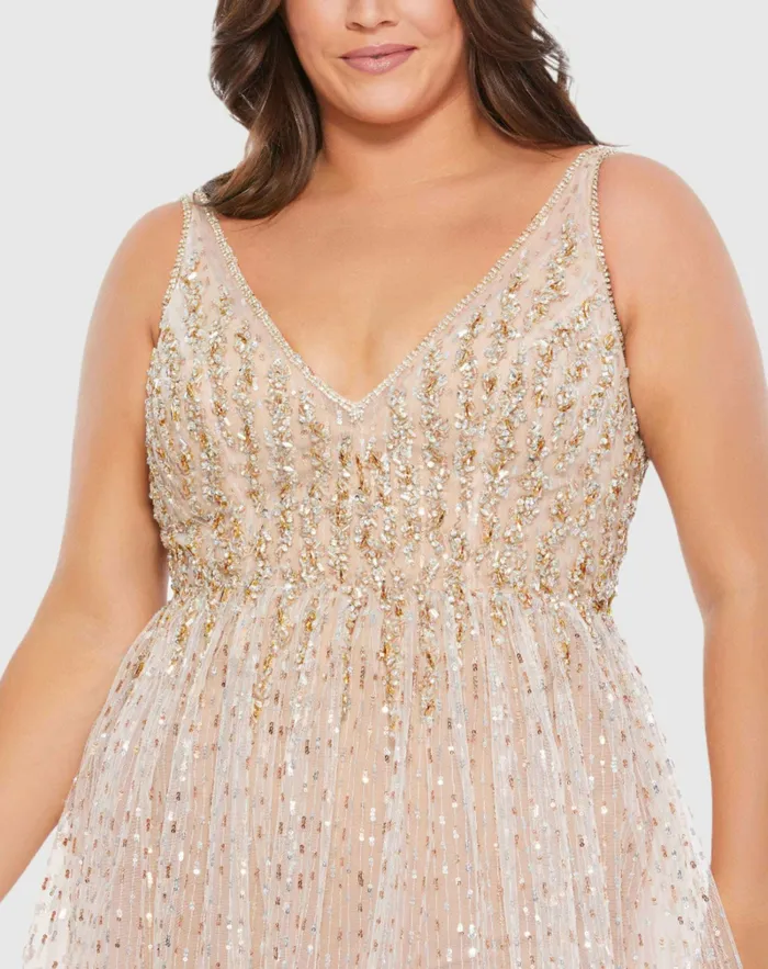 Beaded Sleeveless V Neck Sheer Overlay Romper Plus Nude Gold Women Jumpsuits and Rompers Mac Duggal
