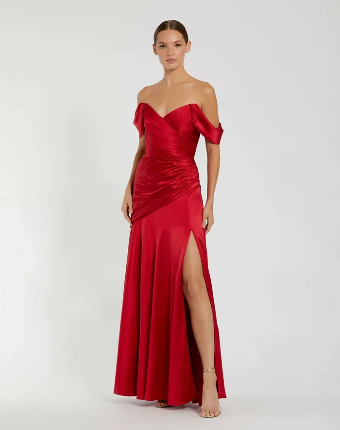 Best Sellers Hard Satin Off The Shoulder Crossover Gown Ruby 8211 Mac Duggal Women