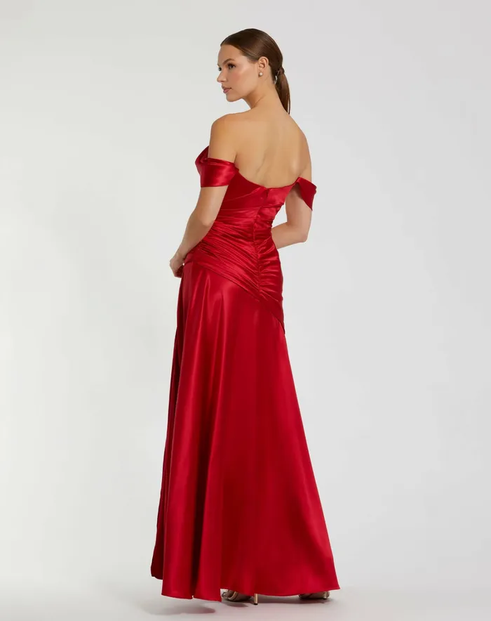 Best Sellers Hard Satin Off The Shoulder Crossover Gown Ruby 8211 Mac Duggal Women