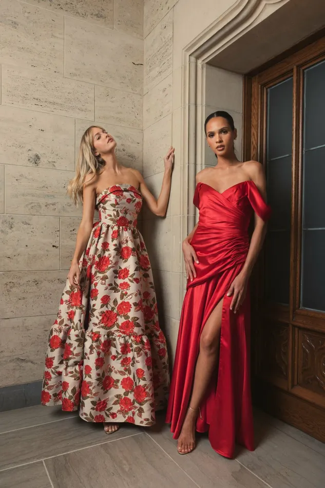 Best Sellers Hard Satin Off The Shoulder Crossover Gown Ruby 8211 Mac Duggal Women