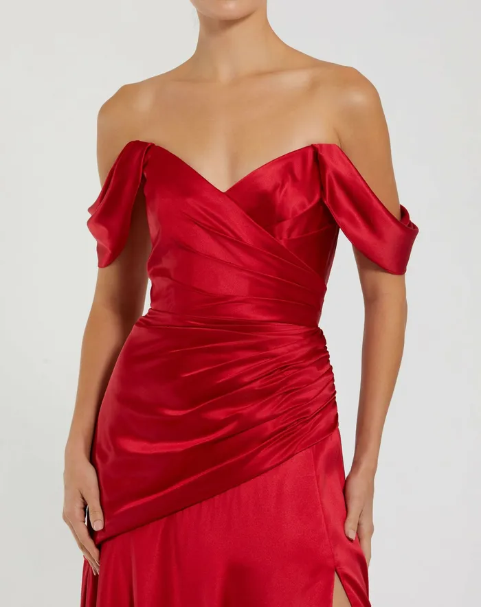 Best Sellers Hard Satin Off The Shoulder Crossover Gown Ruby 8211 Mac Duggal Women