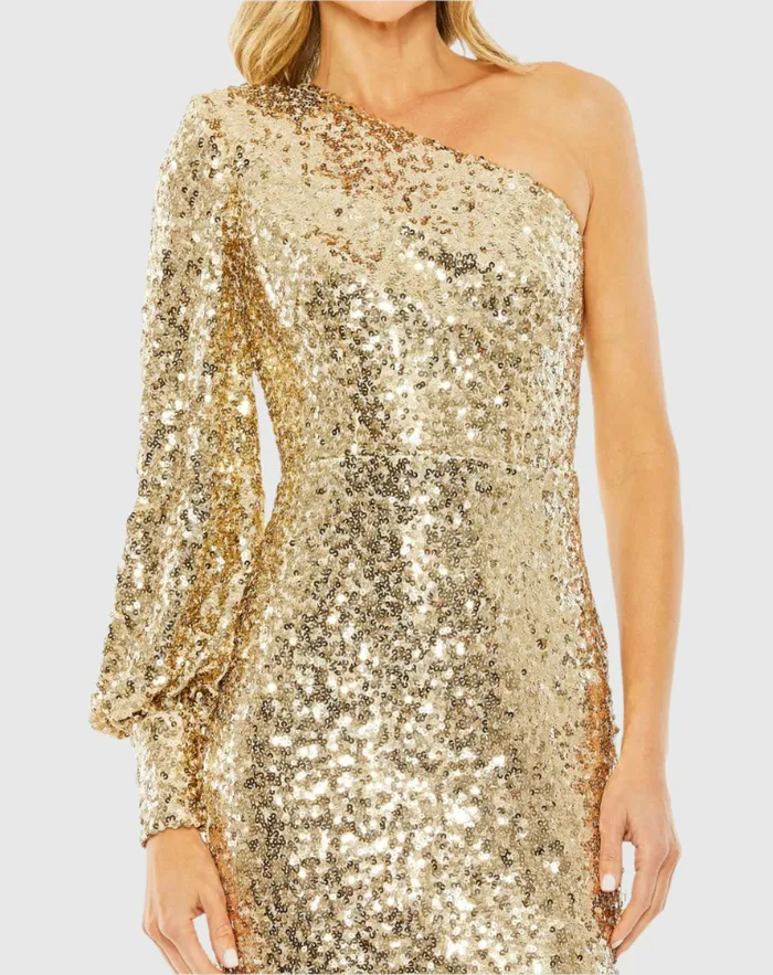 Best Sellers Mac Duggal Women One Sleeve Sequin Mini Dress Gold Best Sellers Mac Duggal Women One Sleeve Sequin Mini Dress Gold