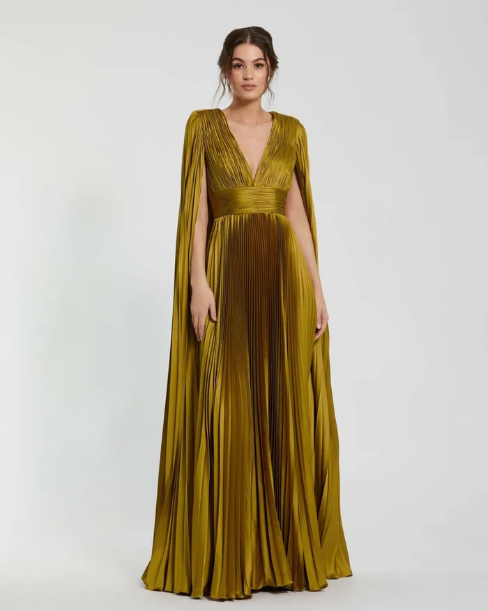 Best Sellers Pleated Charmeuse V Neck Gown With Cape Chartreuse Mac Duggal Women