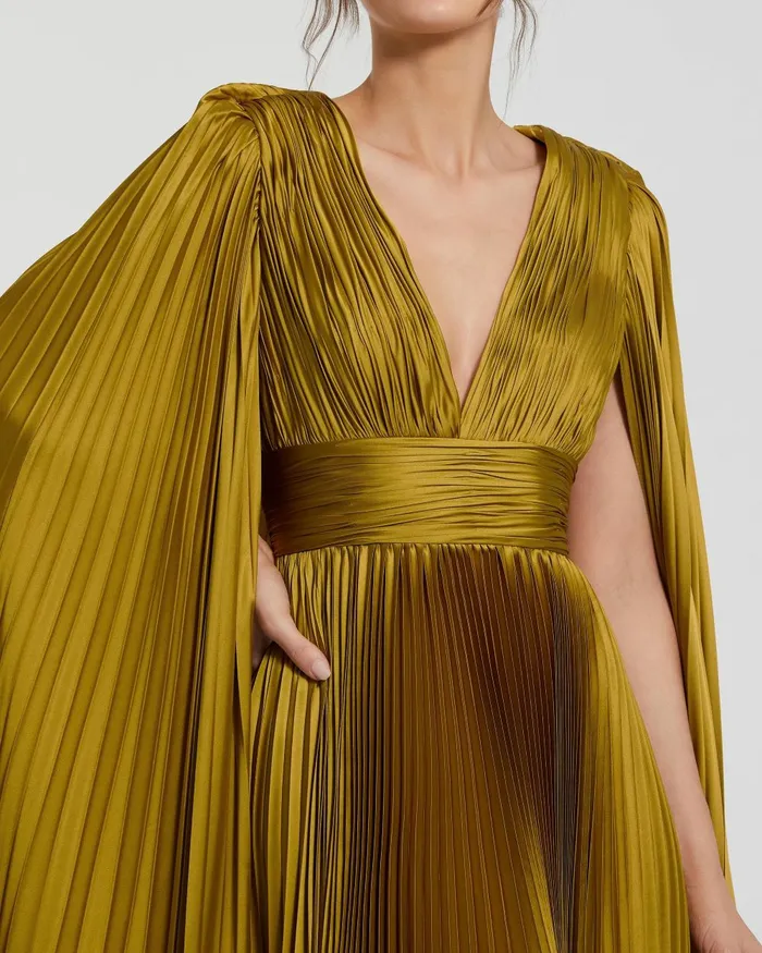 Best Sellers Pleated Charmeuse V Neck Gown With Cape Chartreuse Mac Duggal Women