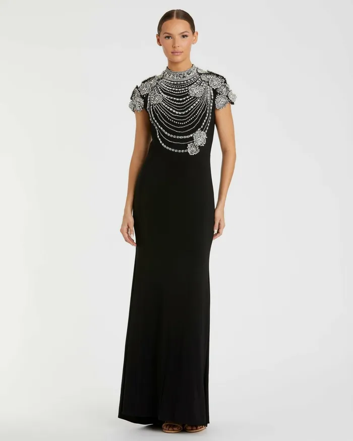 Best Sellers Women Black High Neck Embellished Column Gown Black Mac Duggal