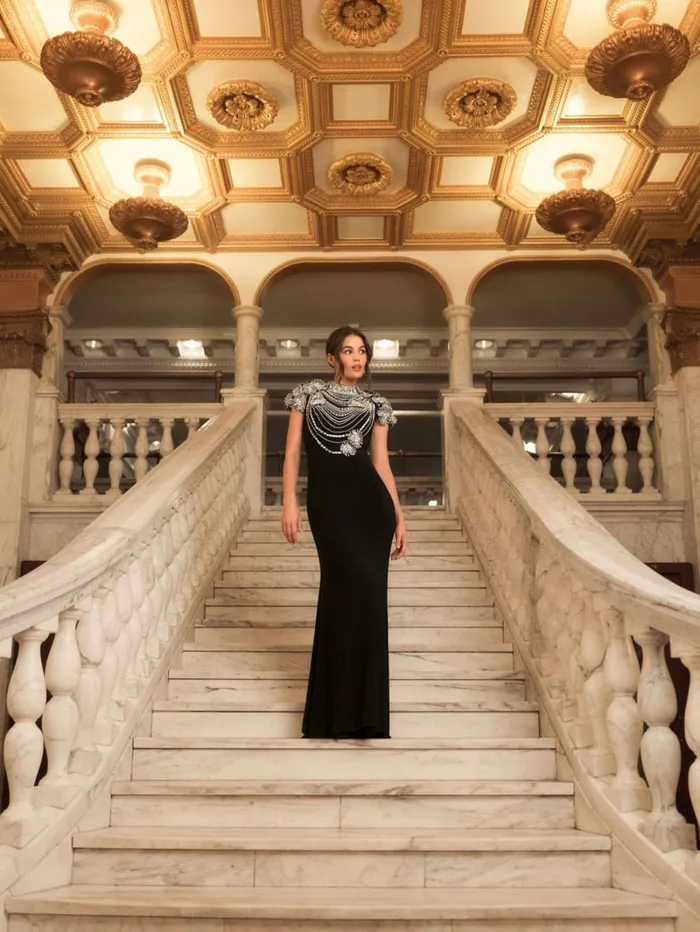 Best Sellers Women Black High Neck Embellished Column Gown Black Mac Duggal