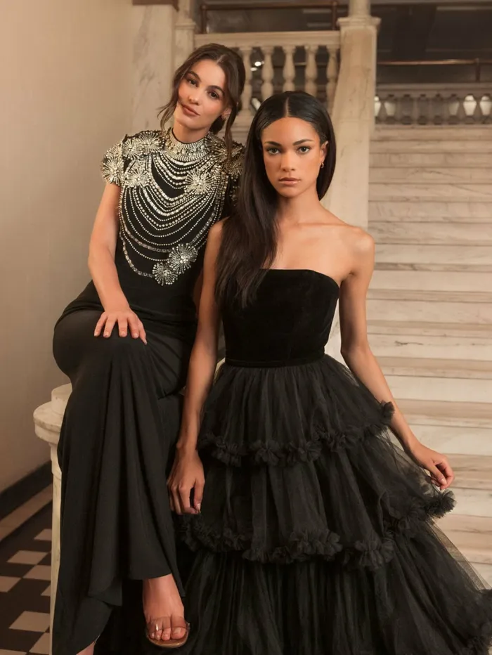 Best Sellers Women Black High Neck Embellished Column Gown Black Mac Duggal