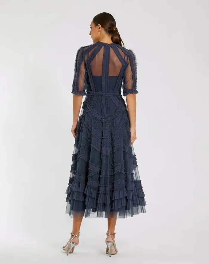 Best Sellers Women Mac Duggal Dark Blue High Neck Micro Ruffle Tiered Midi Dress Midnight