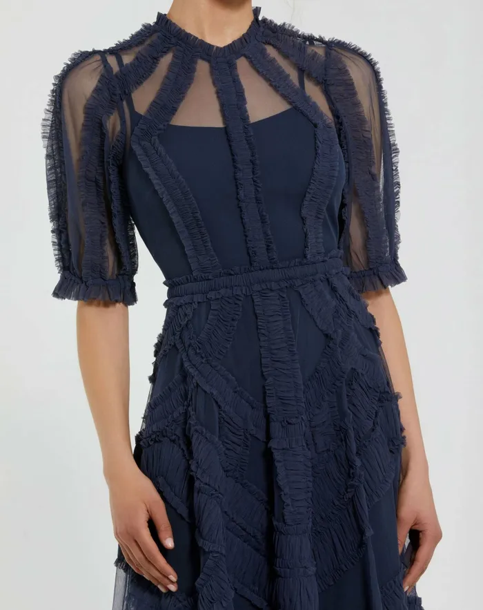 Best Sellers Women Mac Duggal Dark Blue High Neck Micro Ruffle Tiered Midi Dress Midnight