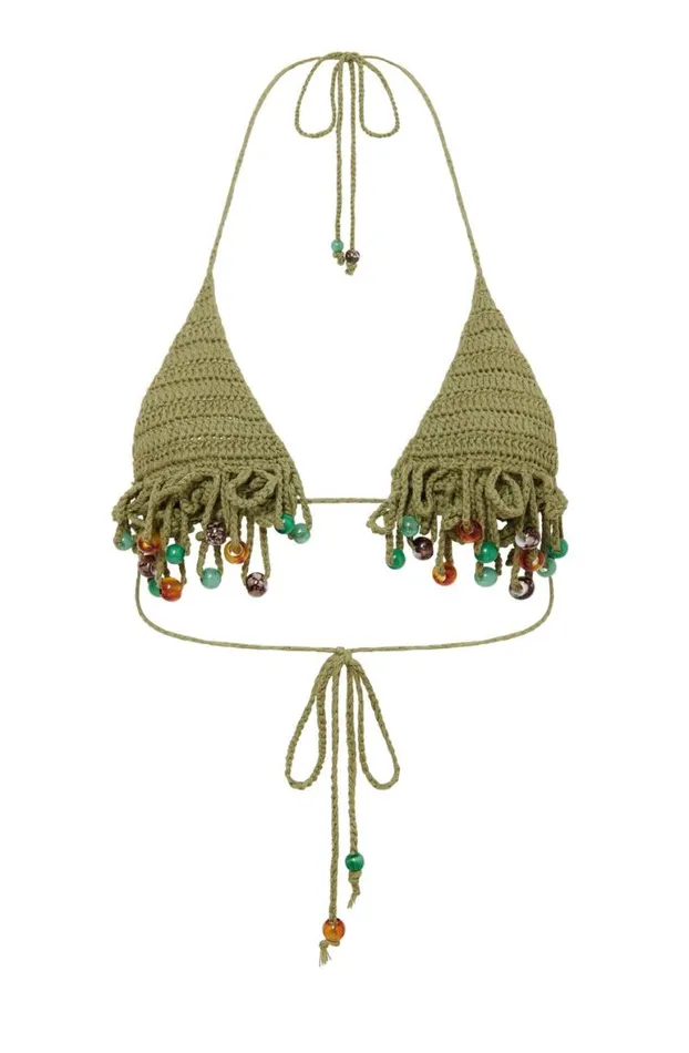 Bikini Tops Women Jaded London Green Canary Knit Micro Bikini Top With Beaded Trim