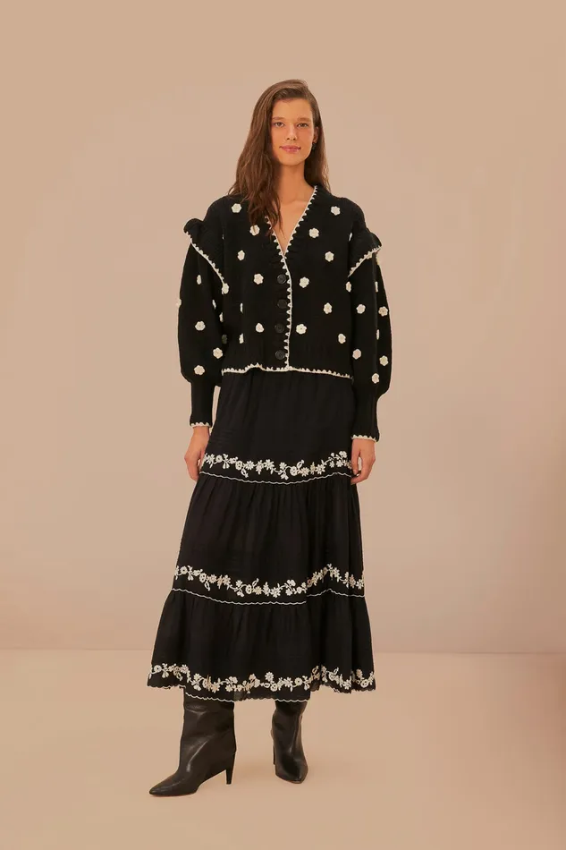 Black And White Flowers Knit Cardigan Women Farm Rio Cardigans