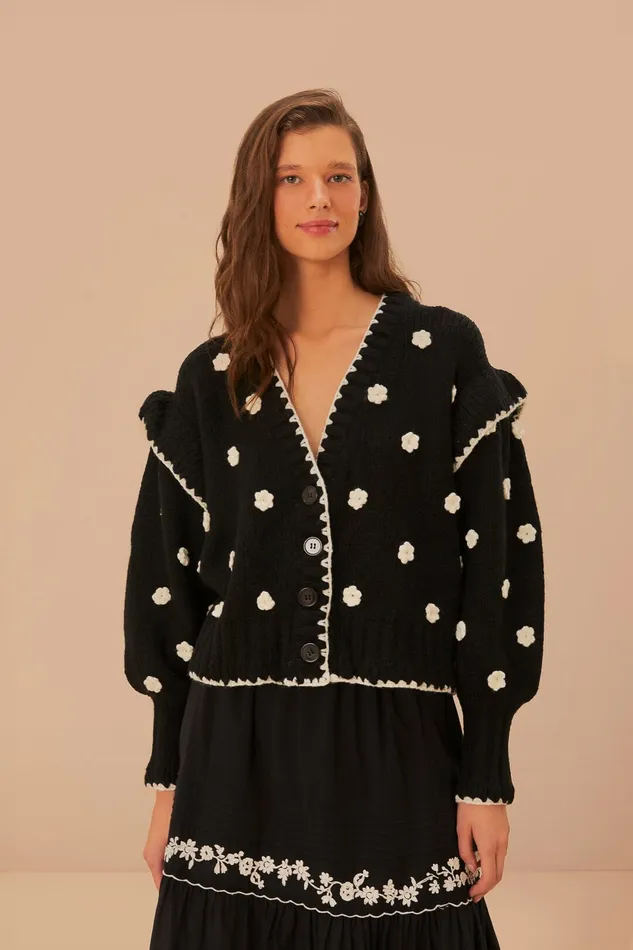 Black And White Flowers Knit Cardigan Women Farm Rio Cardigans