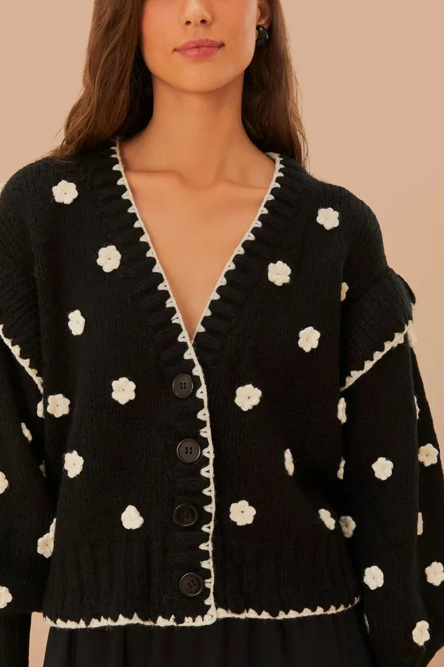 Black And White Flowers Knit Cardigan Women Farm Rio Cardigans