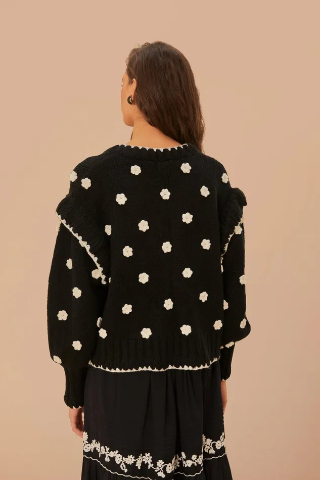 Black And White Flowers Knit Cardigan Women Farm Rio Cardigans