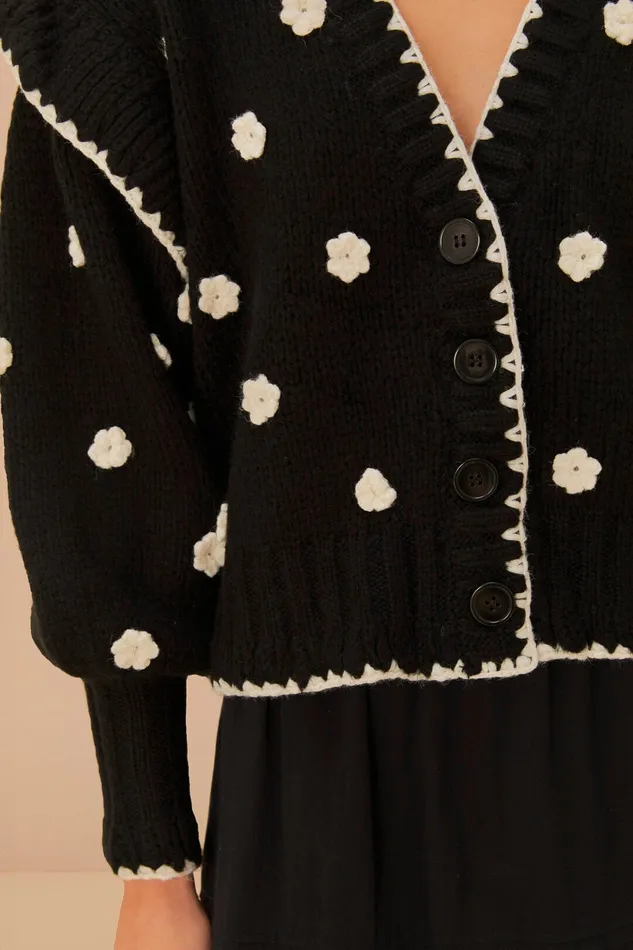 Black And White Flowers Knit Cardigan Women Farm Rio Cardigans