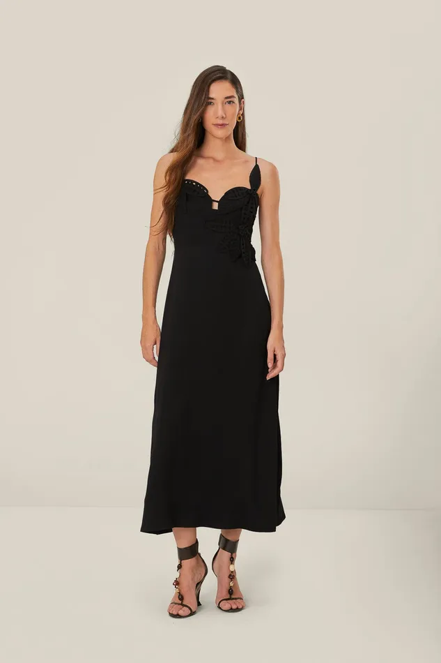Black Flowered Bust Midi Dress Women Farm Rio Midi Dresses