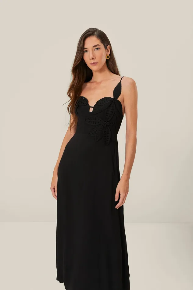 Black Flowered Bust Midi Dress Women Farm Rio Midi Dresses