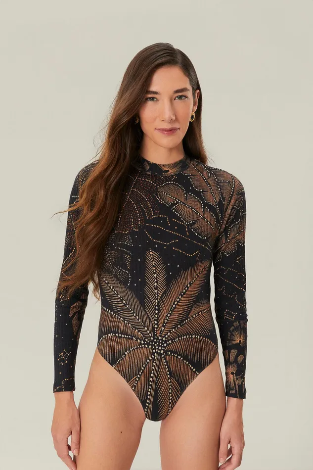 Black Golden Foliage Bodysuit Women Farm Rio Bodysuits Black Golden Foliage Bodysuit Women Farm Rio Bodysuits