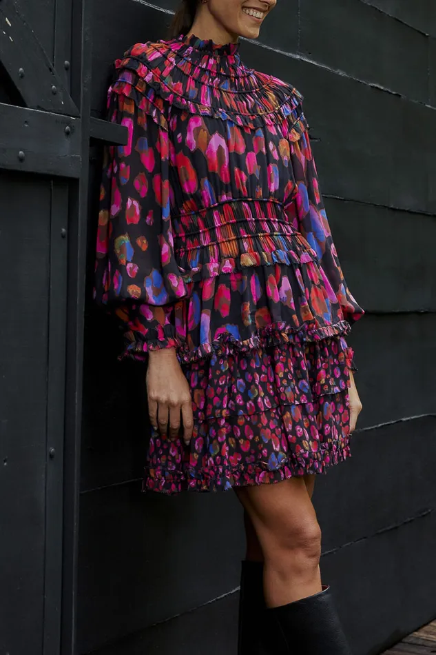 Black Iridescent Leopards Ruffle Mini Dress Women Farm Rio Mini Dresses