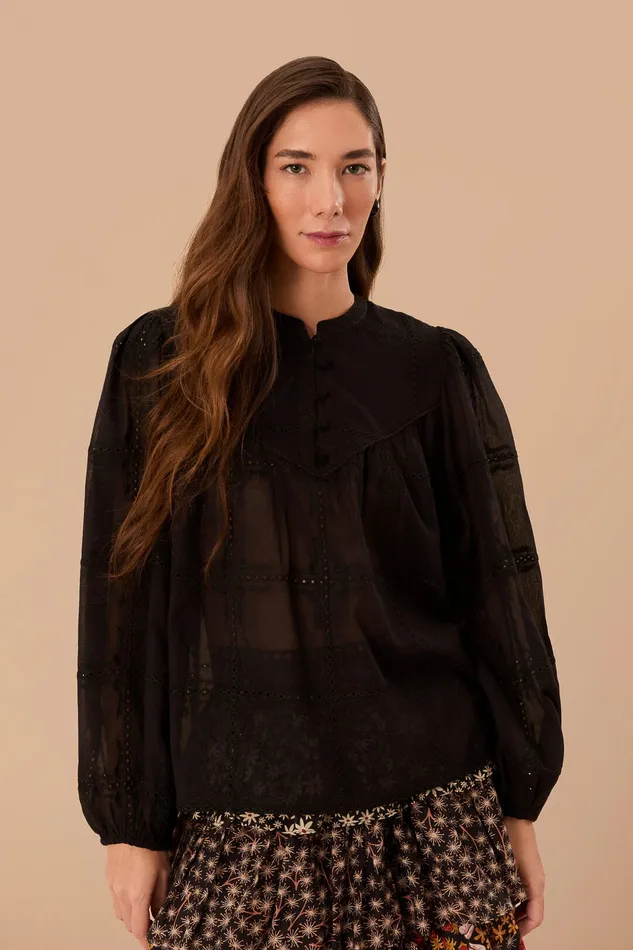 Black Scallops Long Sleeve Blouse Women Farm Rio Blouses