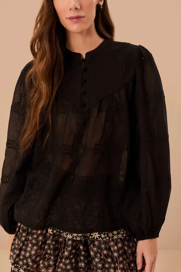 Black Scallops Long Sleeve Blouse Women Farm Rio Blouses