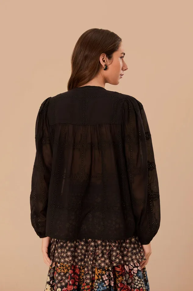 Black Scallops Long Sleeve Blouse Women Farm Rio Blouses