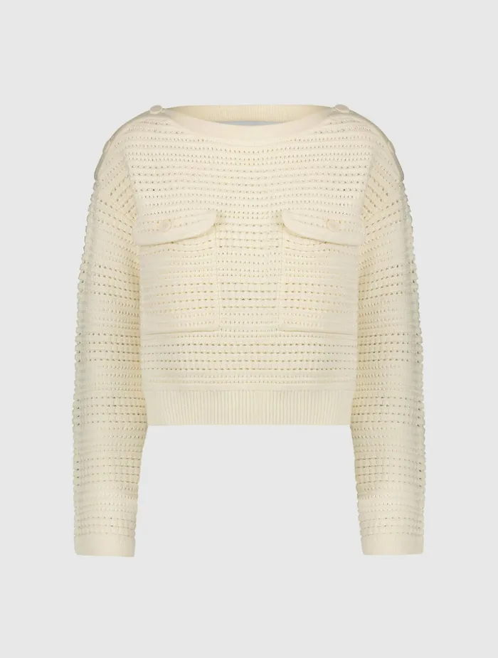 Blouses and Tops Long Sleeve Crochet Knit Crew Neck Sweater With Pockets 8211 FINAL SALE Cream Mac Duggal Women