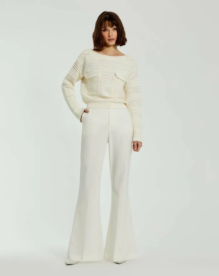 Blouses and Tops Long Sleeve Crochet Knit Crew Neck Sweater With Pockets 8211 FINAL SALE Cream Mac Duggal Women