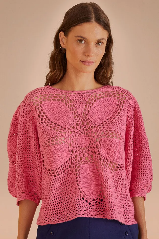 Blush Flower Draw Crochet Blouse Women Farm Rio Blouses