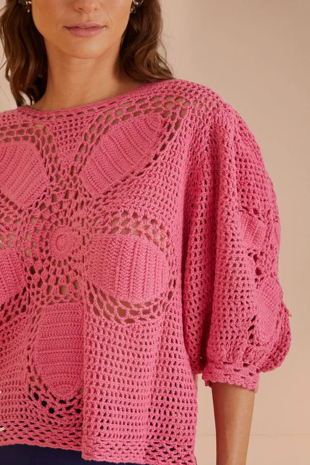 Blush Flower Draw Crochet Blouse Women Farm Rio Blouses
