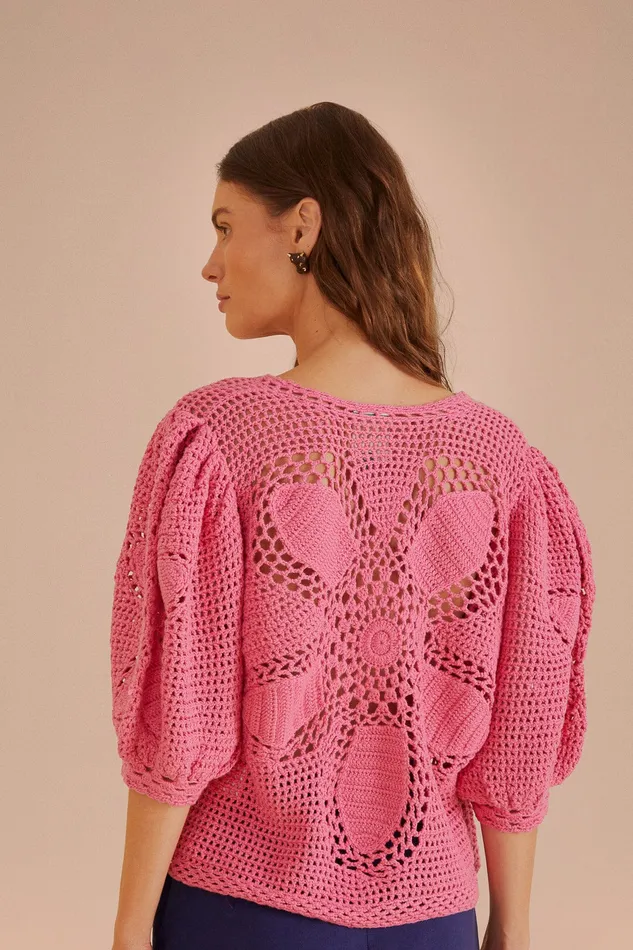 Blush Flower Draw Crochet Blouse Women Farm Rio Blouses
