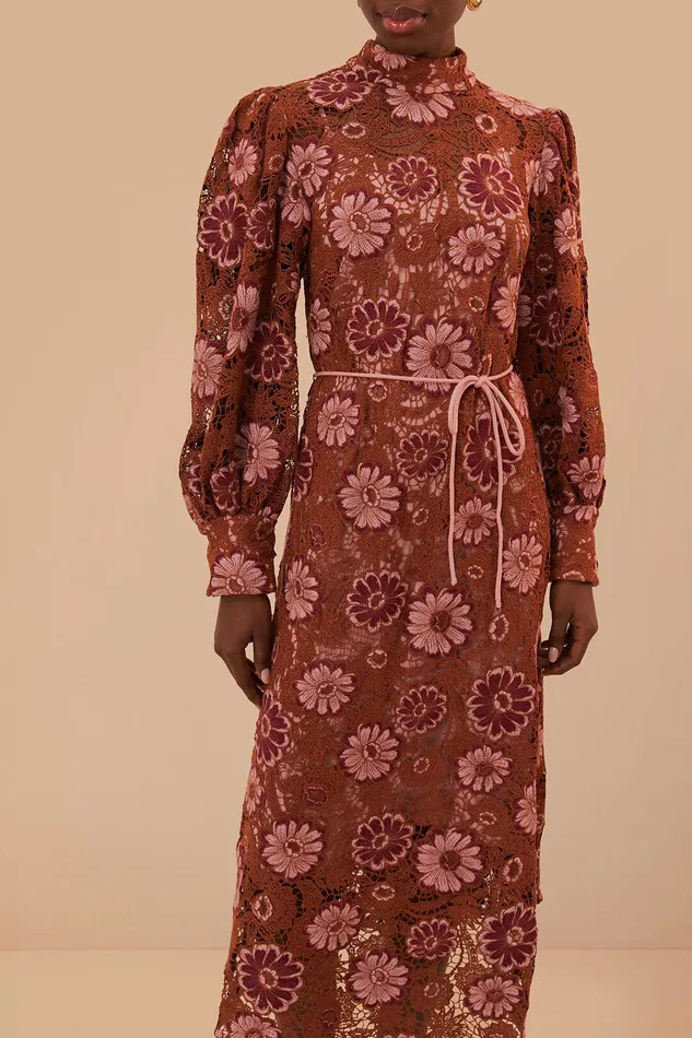 Brown Gigi Tapestry Guipure Midi Dress Women Farm Rio Midi Dresses