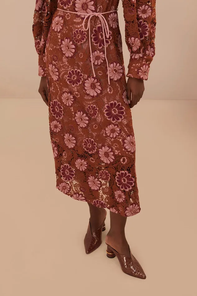 Brown Gigi Tapestry Guipure Midi Dress Women Farm Rio Midi Dresses