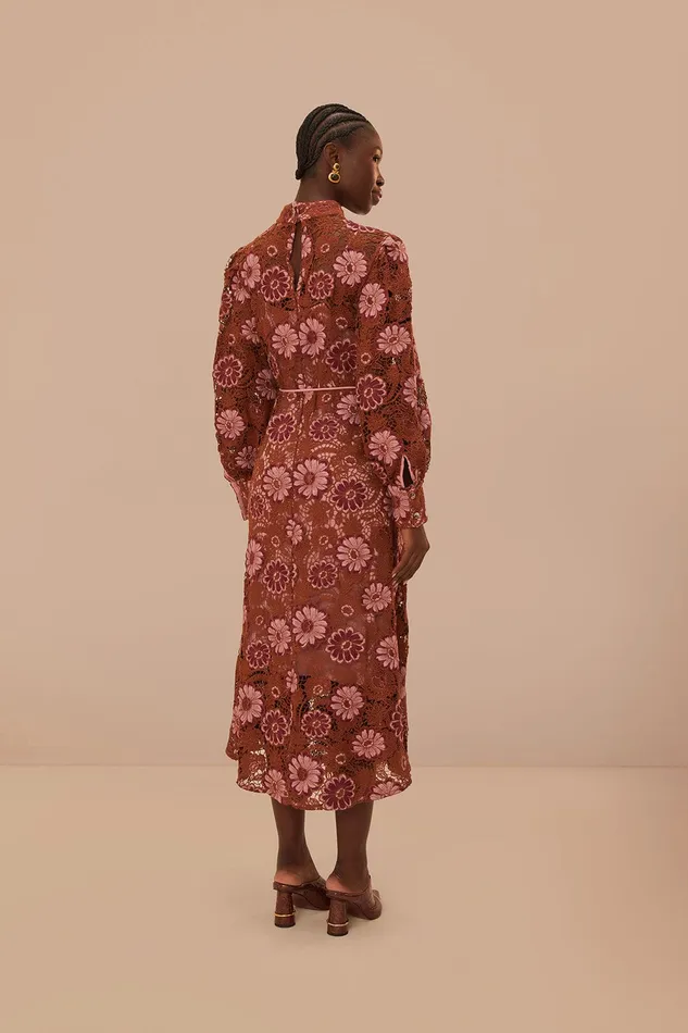 Brown Gigi Tapestry Guipure Midi Dress Women Farm Rio Midi Dresses