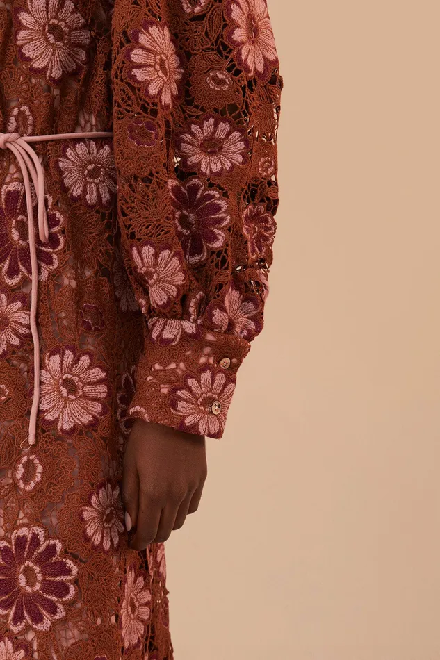Brown Gigi Tapestry Guipure Midi Dress Women Farm Rio Midi Dresses