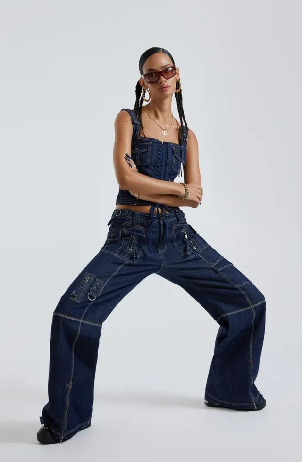 Cargo Pants Women Jaded London Hudson Indigo Denim Wash Cargo Jeans