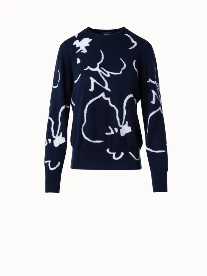 Cashmere Sweater With Cream Sketched Abraham Flower Intarsia Navycream Women Akris Knitwear