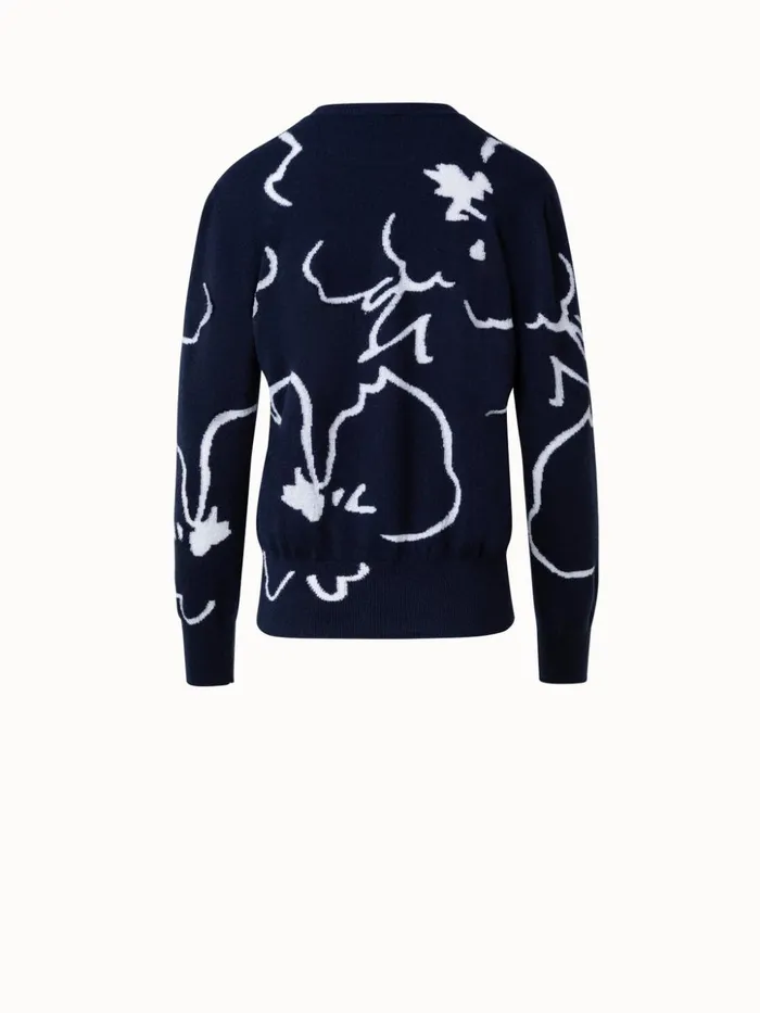 Cashmere Sweater With Cream Sketched Abraham Flower Intarsia Navycream Women Akris Knitwear