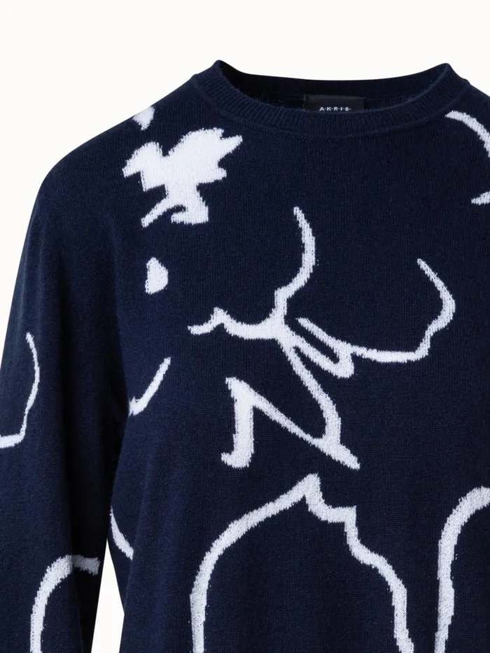 Cashmere Sweater With Cream Sketched Abraham Flower Intarsia Navycream Women Akris Knitwear