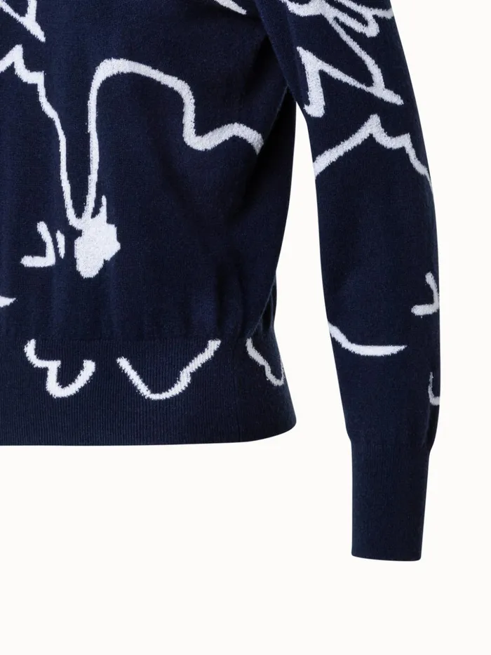 Cashmere Sweater With Cream Sketched Abraham Flower Intarsia Navycream Women Akris Knitwear