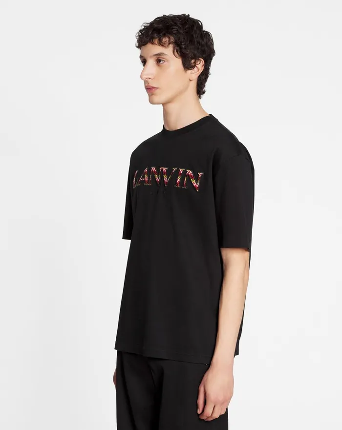 Classic Curb Embroidered Tshirt Black Men Lanvin Tshirts and Polos