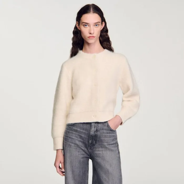 Coatigans Women SANDRO Cropped Fluffy Knit Cardigan Ecru