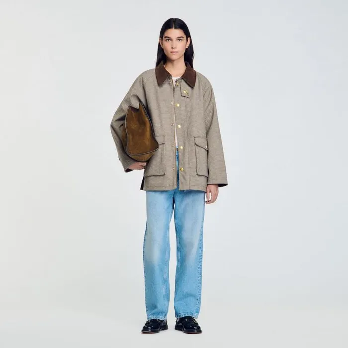 Coats and Trenches Women SANDRO Check Coat With Velvet Collar Brown