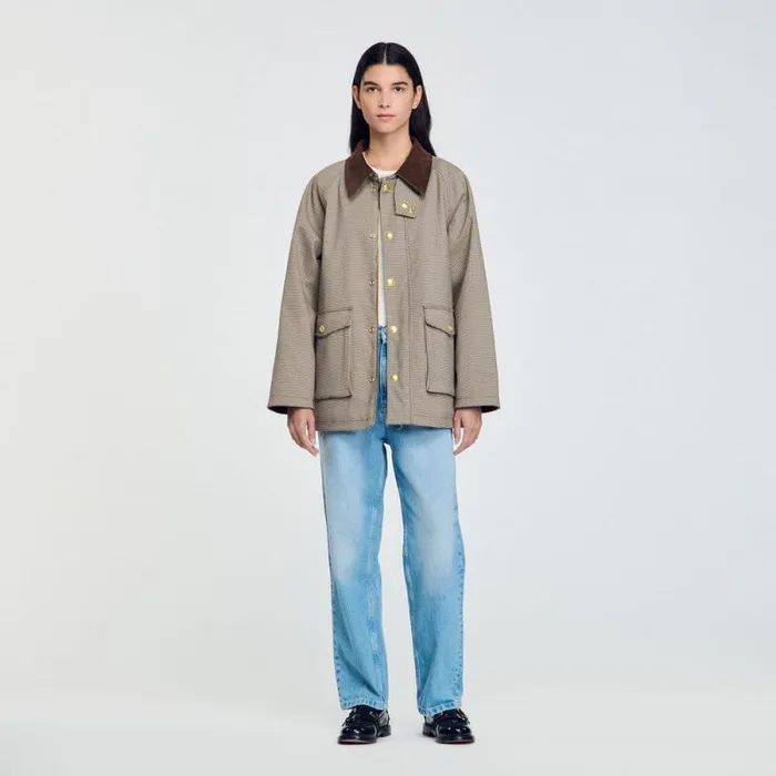 Coats and Trenches Women SANDRO Check Coat With Velvet Collar Brown