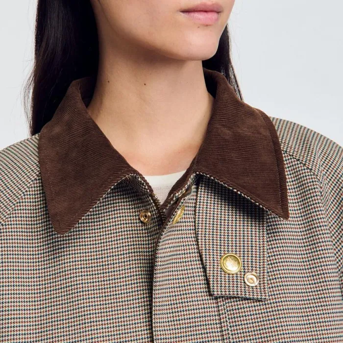 Coats and Trenches Women SANDRO Check Coat With Velvet Collar Brown
